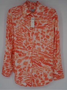 Chico's Sandwash Satin Animal Shirt Nectarine Size 1 Vacation Beach Resort NEW